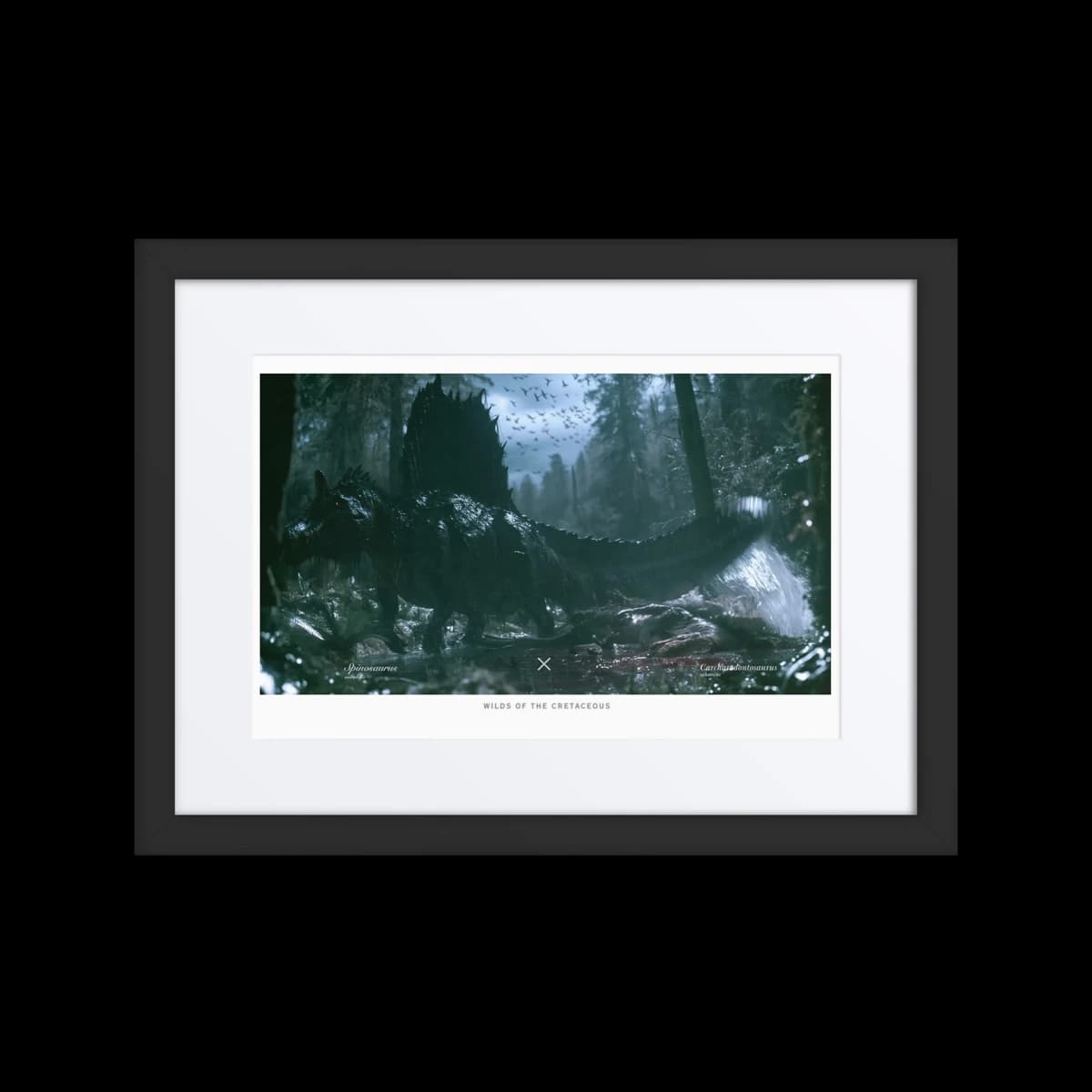 Spinosaurus standing over a fallen Carcharodontosaurus in a rain-soaked forest, presented in a black frame with a white mat