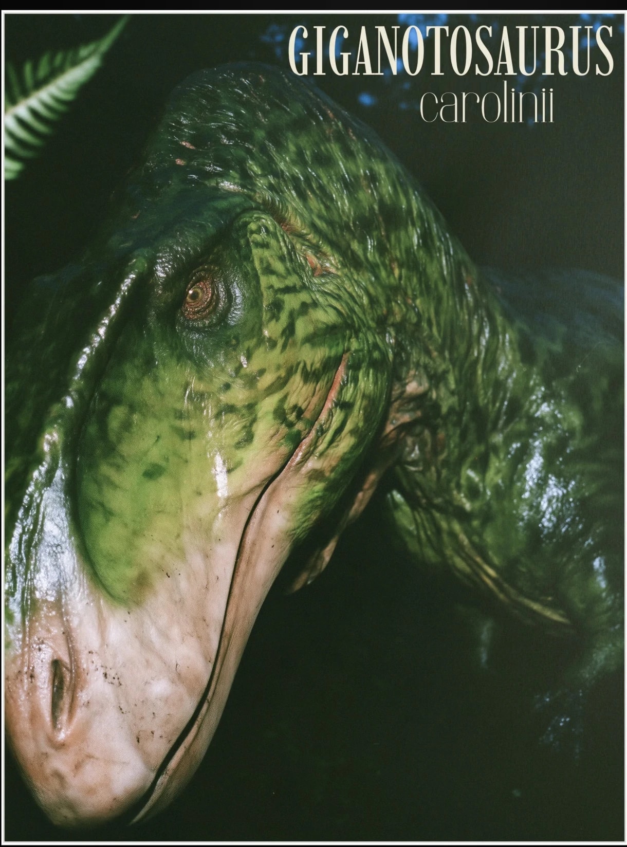 Green Giganotosaurus portrait emerging from shadowed forest foliage