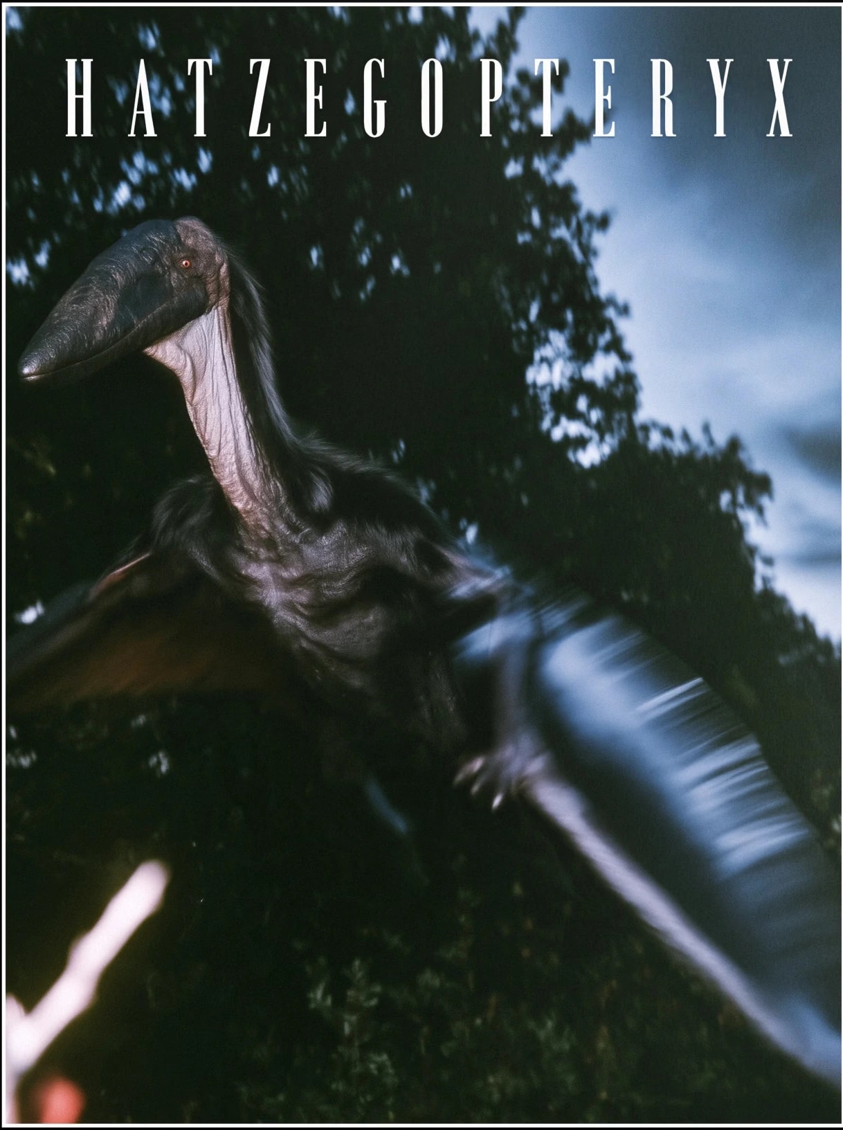 Hatzegopteryx spreading its wings against dark trees and a blue-grey sky