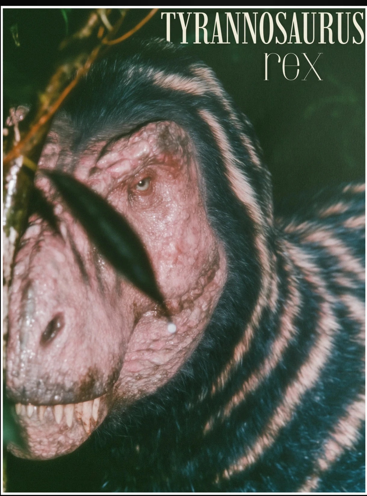Tyrannosaurus rex portrait among deep green leaves, with pale species lettering