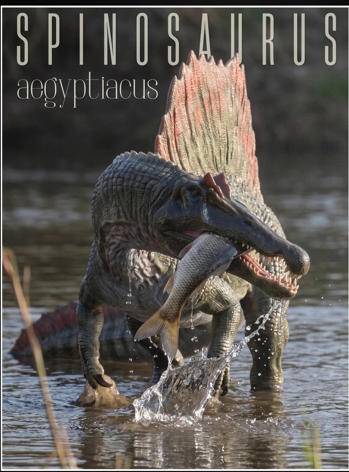 Spinosaurus holding a fish in shallow water, its tall sail lit by the sun