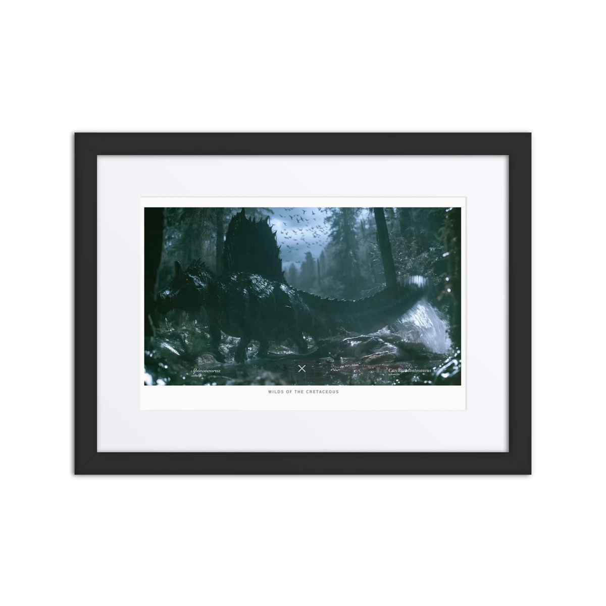 Spinosaurus standing over a fallen Carcharodontosaurus in a rain-soaked forest, presented in a black frame with a white mat