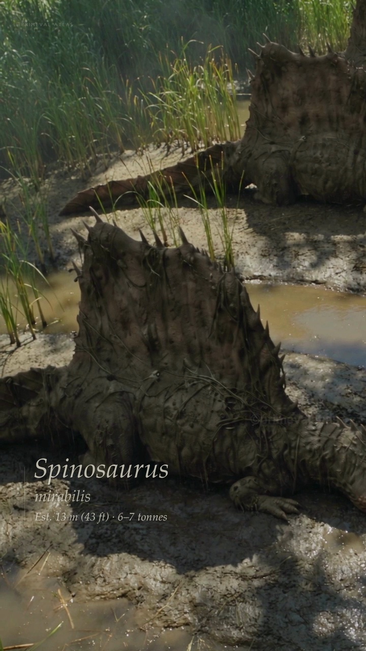 Two Spinosaurus resting beside a shallow forest pool